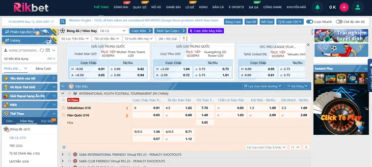 Thể Thao SABA Sports RikBet Trải Nghiệm Đẳng Cấp Thắng Cược Khủng Mỗi Ngày
